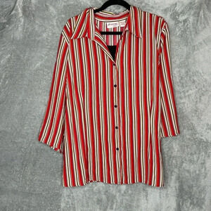 Joanna 3X Shirt Top Red Striped Button Up‎ 3/4 Sleeve Collared V Neck Womens